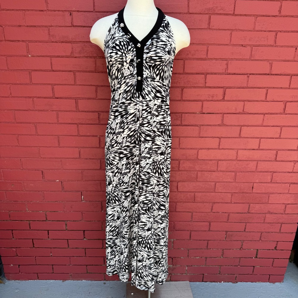 Vtg Scarlett Women Black White Abstract Halter Maxi Dress Size 12‎ Y2K Bodycon